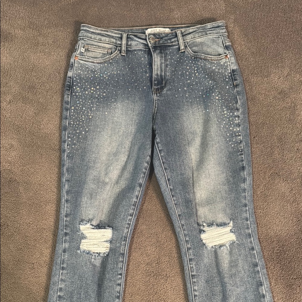 Judy Blue Straight Leg Blue Jeans with Distressed Details.  Embellished